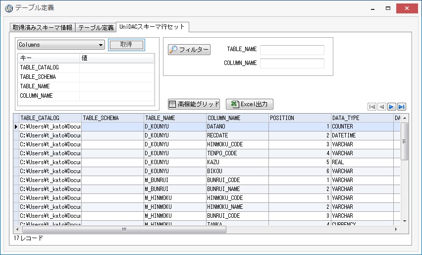 UniDAC スキーマ情報